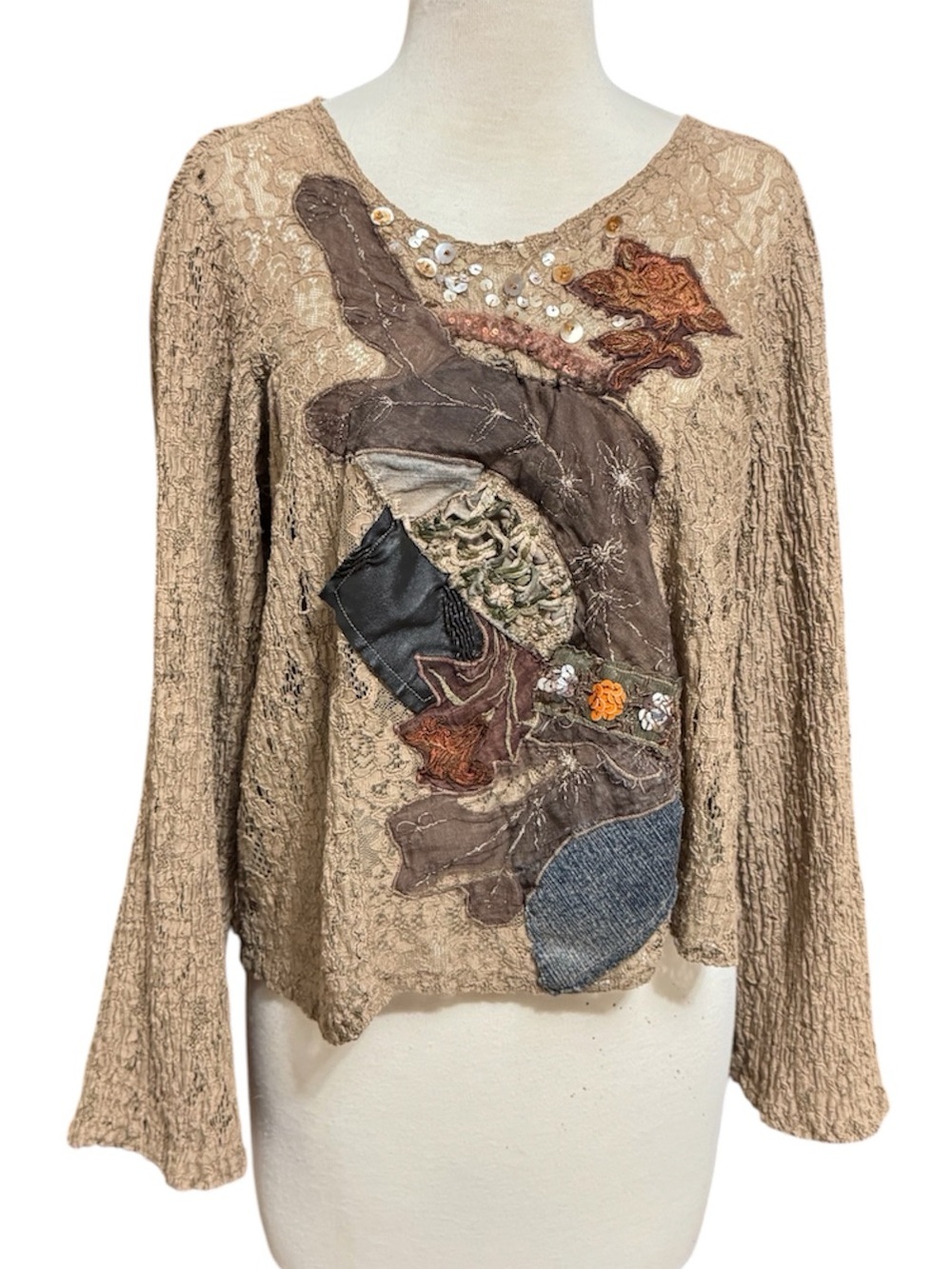 Made in Italy Lagenlook Mixed Media Patchwork Fairycore Lace Blouse Whimsigoth